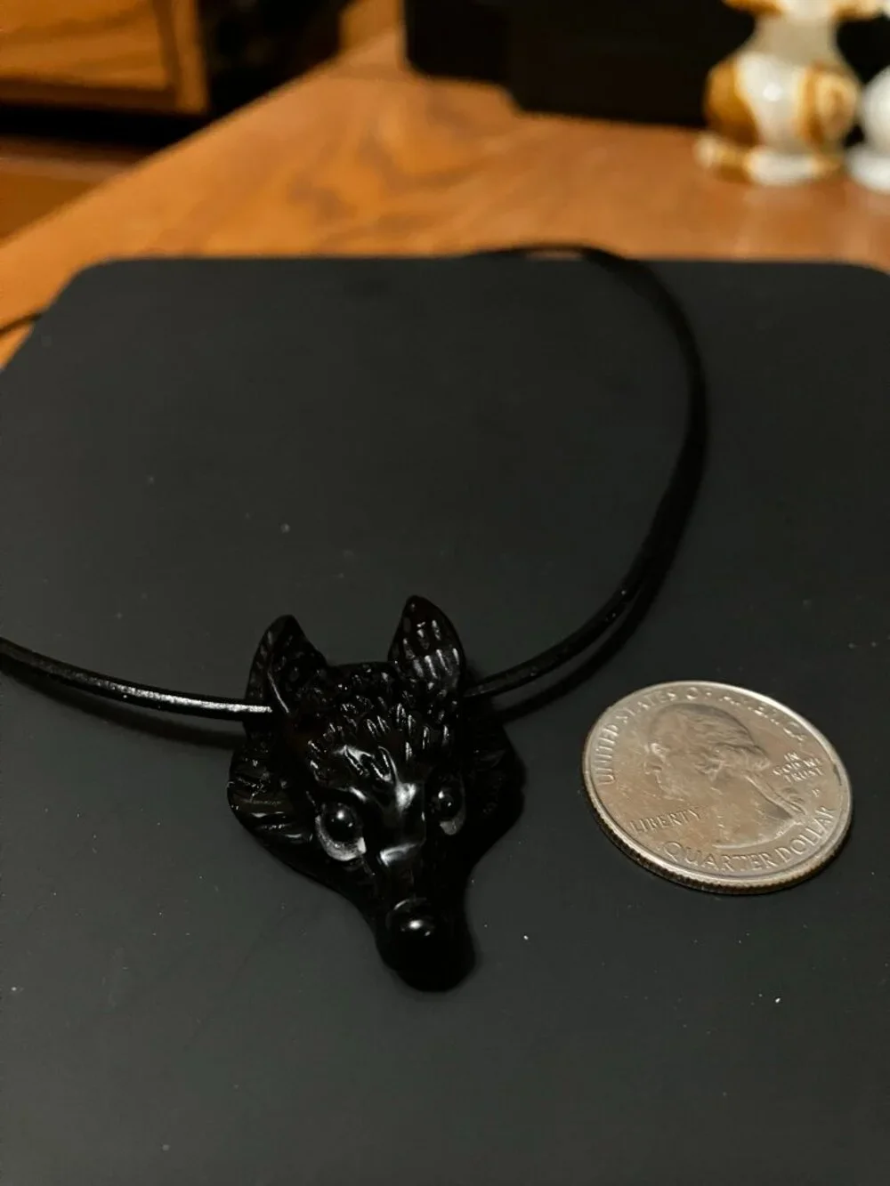 Wolf Black Obsidian Gemstone hand carved Wolf Head Choker Genuine Leather NEW